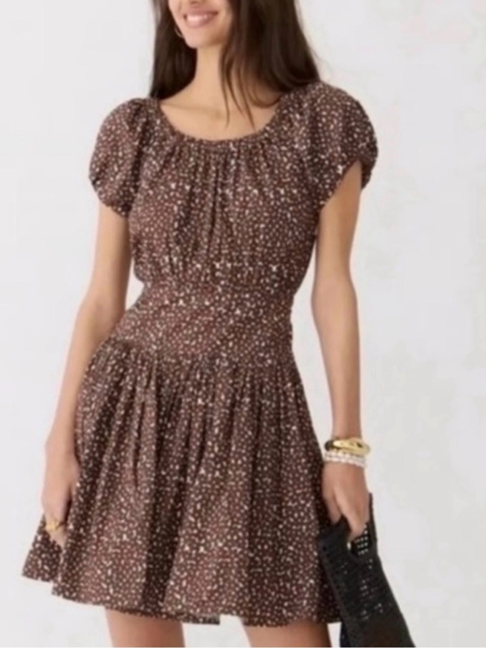 JCrew Smocked Waist Floral Midi Dress | Brown & White | Size 14